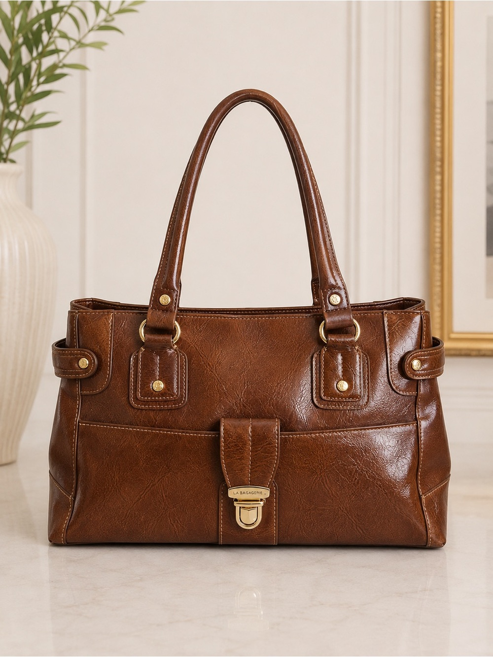 Y2K Liz Claiborne Brown Faux Patent Leather Multi Pocket Shoulder Tote Bag